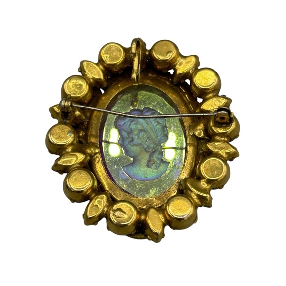 Mid Century Cameo Brooch | Hollywood Regency AB Glass Statement Pin - Picture 5 of 8